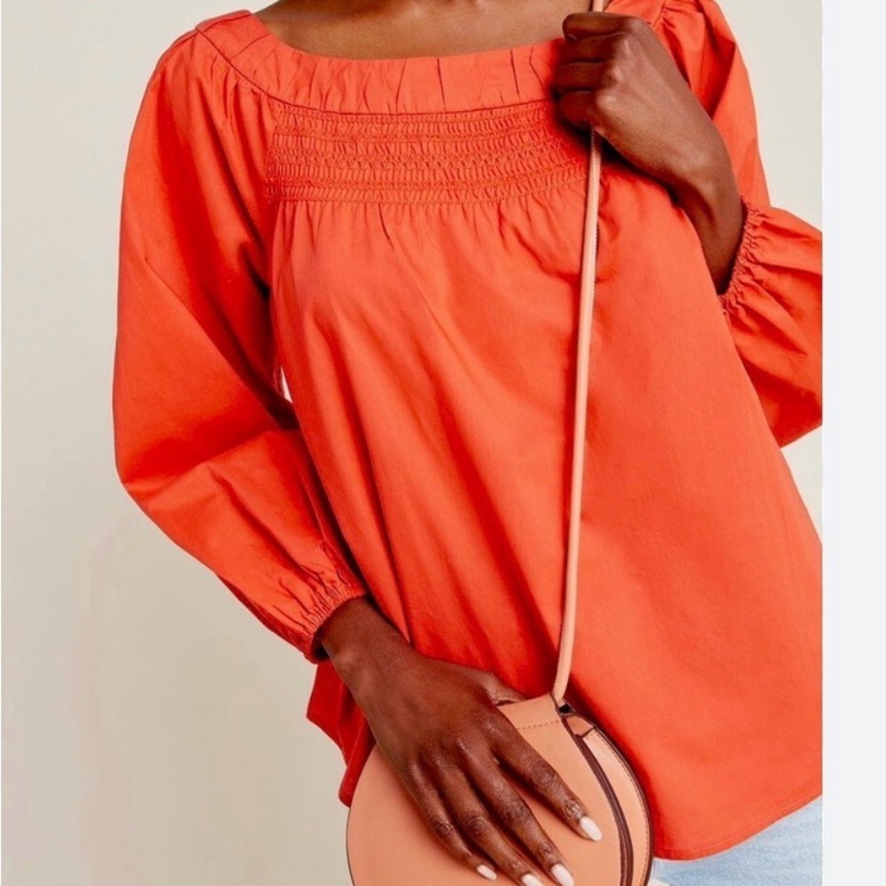 Maeve Anthropologie Women's Jessie Smocked‎ Swing Blouse Coral Red Large Boho